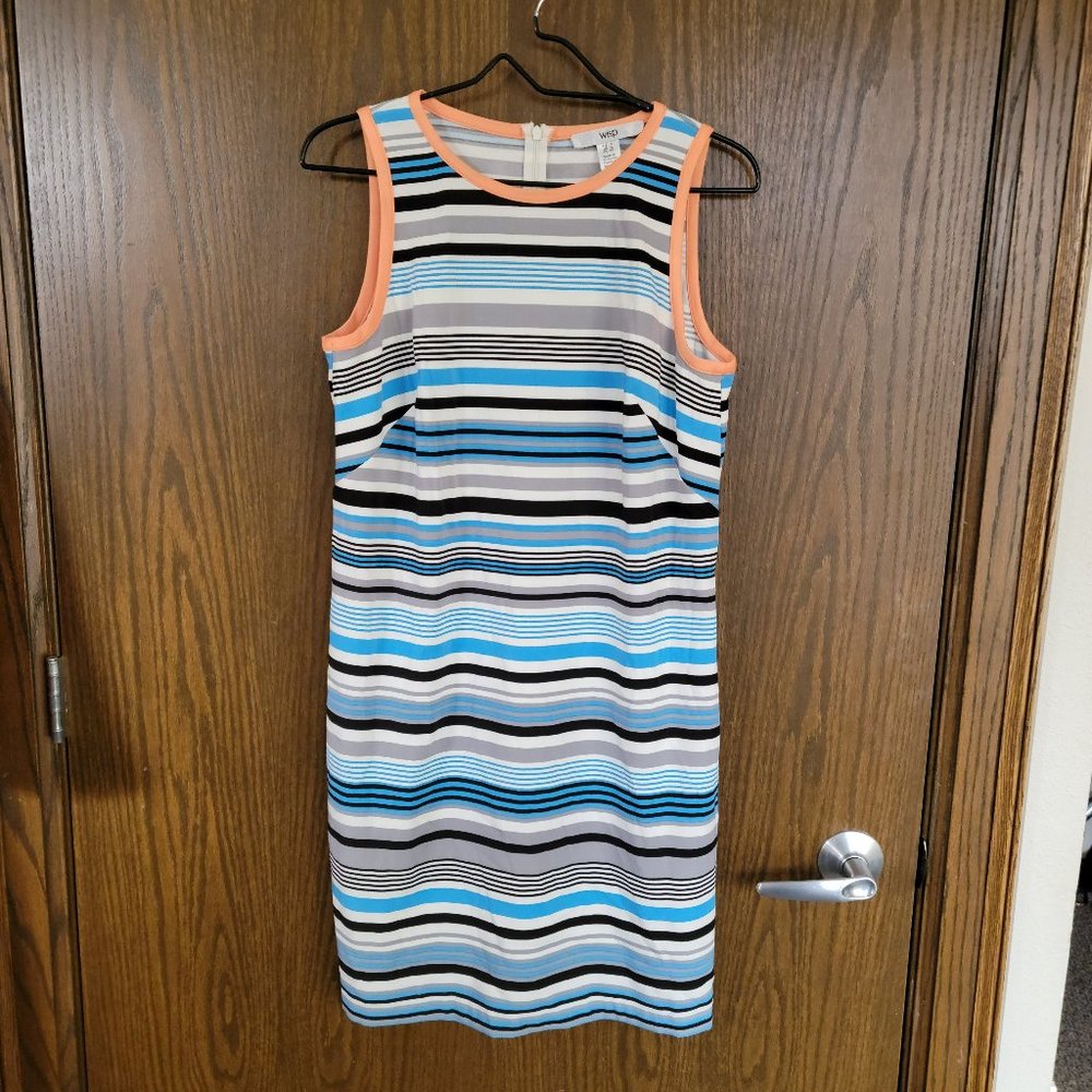 Wisp Sleeveless Coral and Blue Striped Sheath Dress Size 8 Comfy Stretch!